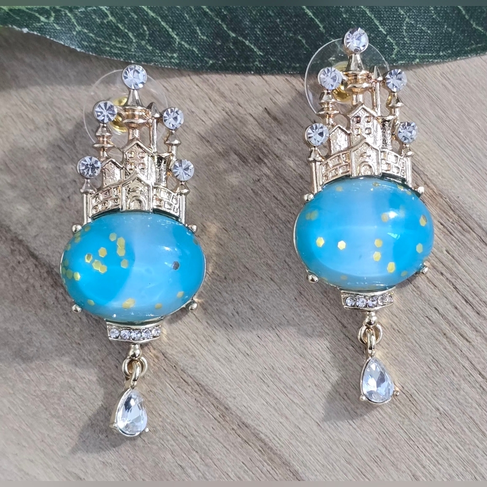 Gold Tone Blue Castle Earrings with Rhinestones
